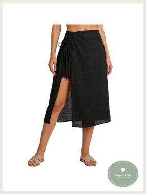100% Linen High Slit Wrap Midi Skirt High Waist Drawstring Asymmetrical